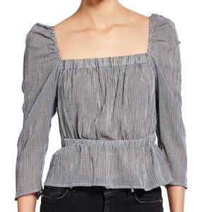 7 for all mankind Gingham Square-Neck 3/4-Sleeve Peplum Top